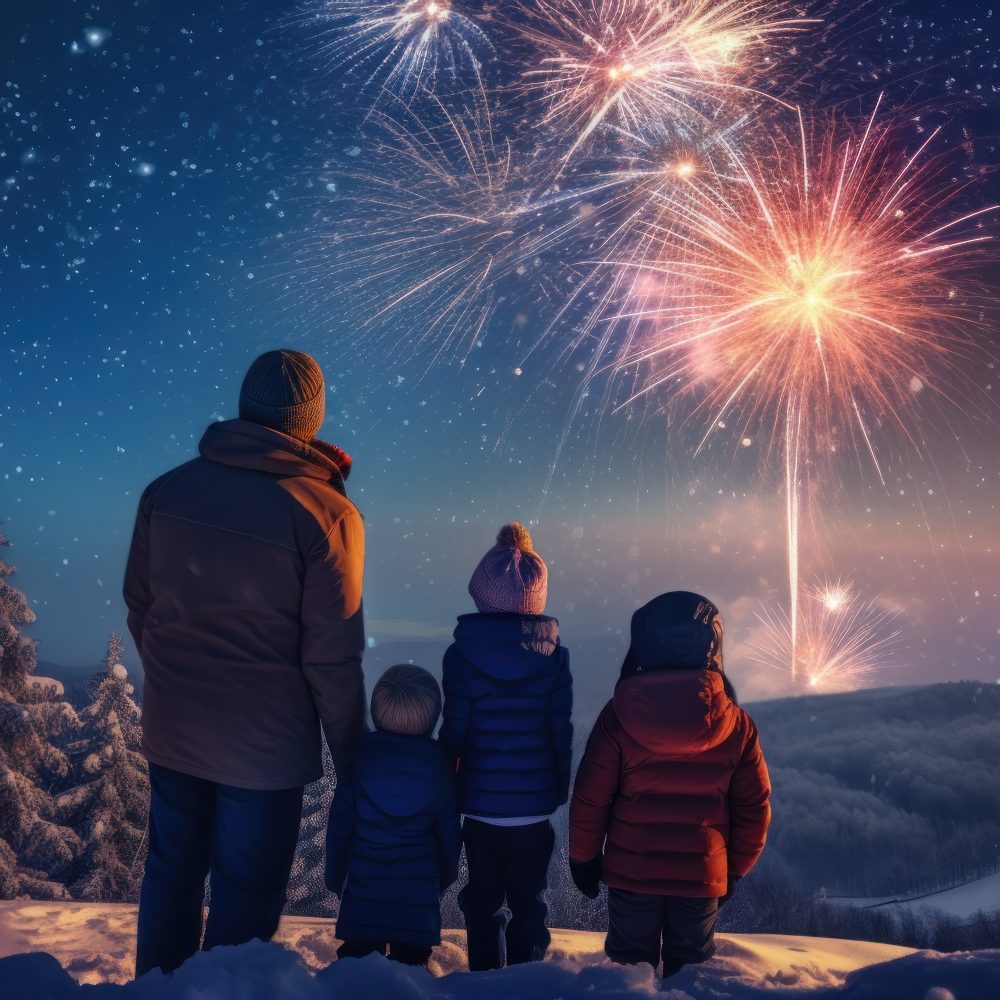 Thredbo 1380 Luxury Accomodation in Thredbo NSW, Australia New Year Fireworks Background. Illustration Ai Generative